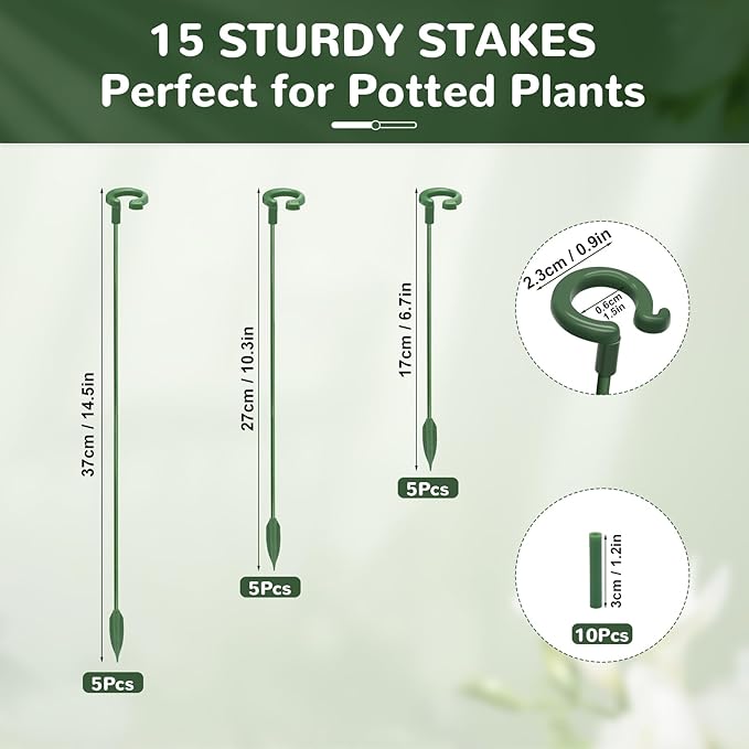 15-Pack Adjustable Plant Support Stakes with Movable Clips, 3-Size(6.7/10.6/14.6in) Green Garden Stakes for Potted Plants Indoor Outdoor, Orchid Tomato Rose Single Stem Support, Sturdy & Reusable