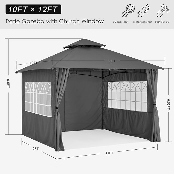 MASTERCANOPY Patio Gazebo Steel Frame Outdoor Gazebo with Windows Curtains (10x12,Dark Gray)