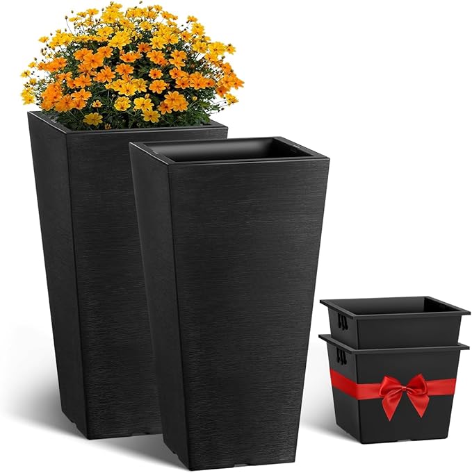 VEVOR Set of 2 Tall Outdoor Planters 22inch, Large Planters for Outdoor Indoor Plants, Black Front Porch Planter Flower Tree Plant Pots with Modern Design and Built-in Drainage