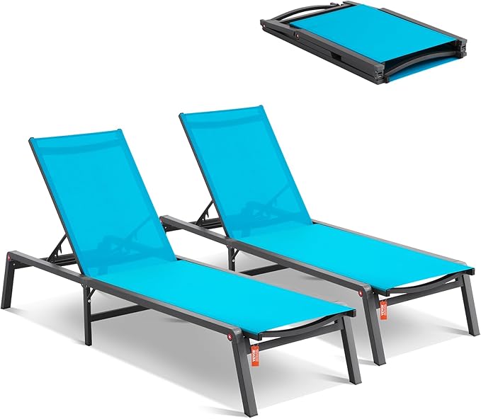 VEVOR 2 Pcs Chaise Lounge Chairs Outdoor, Aluminum Patio Lounge Chair with Adjustable 5-Position, Folding Pool Chairs Recliner and Full Flat Tanning Chair for Patio, Beach, Pool, Blue, 2 pcs