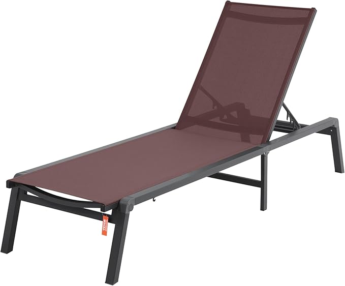 VEVOR Chaise Lounge Chair Outdoor, Aluminum Patio Lounge Chairs with Adjustable 5-Position, Folding Pool Chair Recliner and Full Flat Tanning Chairs for Patio, Beach, Pool, Brown