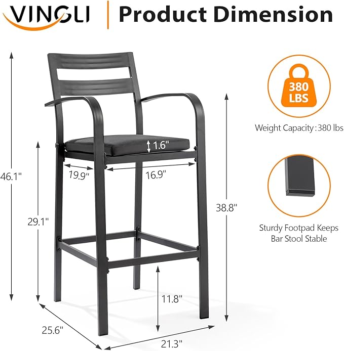 VINGLI Outdoor Bar Stools Set of 2, All-Weather Bar Height Aluminum Stools with 1.6" Thick Cushion, Rust-Proof Patio Chairs for Backyard, Poolside, Balcony & Kitchen Island (Dark Gray)
