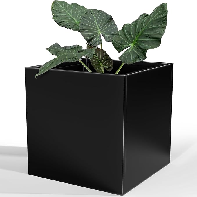 Tall Metal Planter Box for Outdoor Plants 26" L x 26" W x 26", Heavy Duty Steel Large Square Planter Box with Removable Insert Shelf, Modern Décor for Tall Plants, Trees, Flowers (Black)