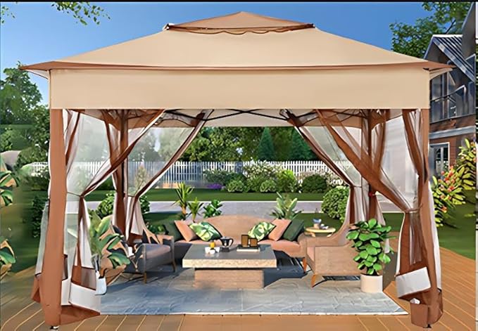 COBIZI 11x11 Pop Up Gazebo Canopy Tent Easy Up Outdoor Gazebo Waterproof Upgrade Portable Gazebo with Mosquito Nettings, Double Vented Roof and Carry Bag for Patio Garden Lawn(Khaki)