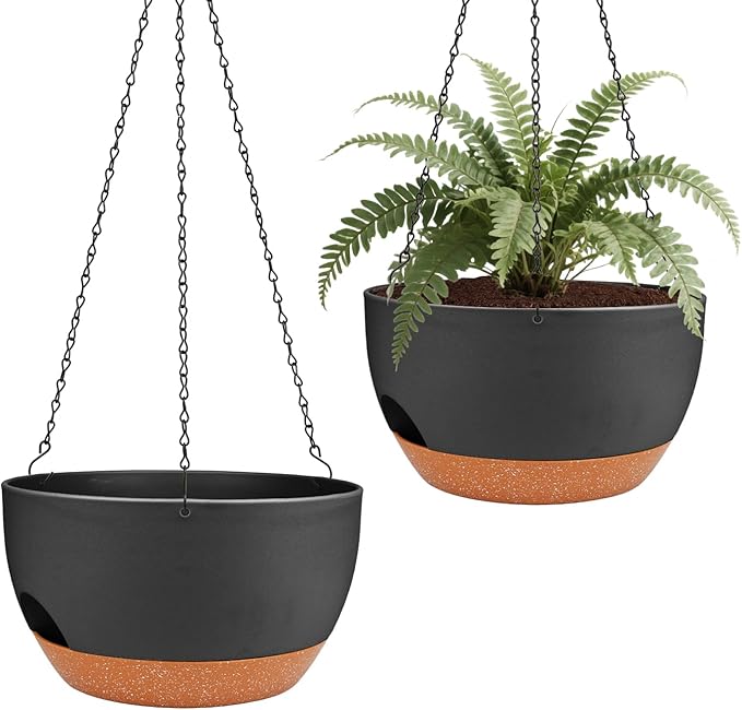 Hanging Planters for Outdoor Indoor Plants, 2 Pack 10 Inch Hanging Basket Plants Outdoor, Self Watering Hanging Planter with Plant Hanger for Garden Home Decoration (Black, 10 inch)