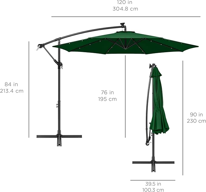 Best Choice Products 10ft Solar LED Offset Cantilever Hanging Market Patio Umbrella, 8 Sturdy Ribs, Easy Adjustment - Green