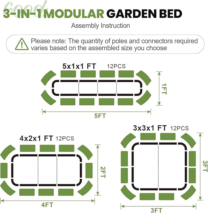 2Pcs 3-in-1 Adjustable Raised Garden Bed Kit | Galvanized Planter Boxes for Vegetables, Flowers | 12" Tall, Multiple Sizes (4x2x1ft, 3x3x1ft, 5x1x1ft) | Outdoor Metal Raised Bed for Gardening, , Green