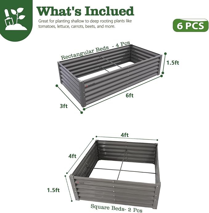 A ANLEOLIFE Set of 6, 18 Inch Tall Quartz Grey Raised Garden Beds Kit, Rectangular & Square Metal Planters for Structured Garden Layouts