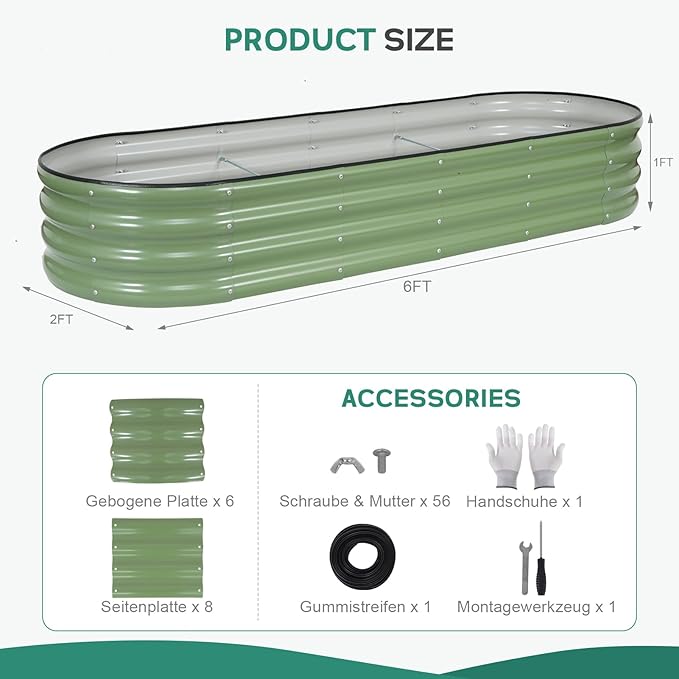 Galvanized Raised Garden Bed - 6×2×1ft Planter Raised Beds for Gardening | Oval Metal Garden Planter Box with Safety Edging and Gloves for Vegetables Fruits and Flower OliveGreen