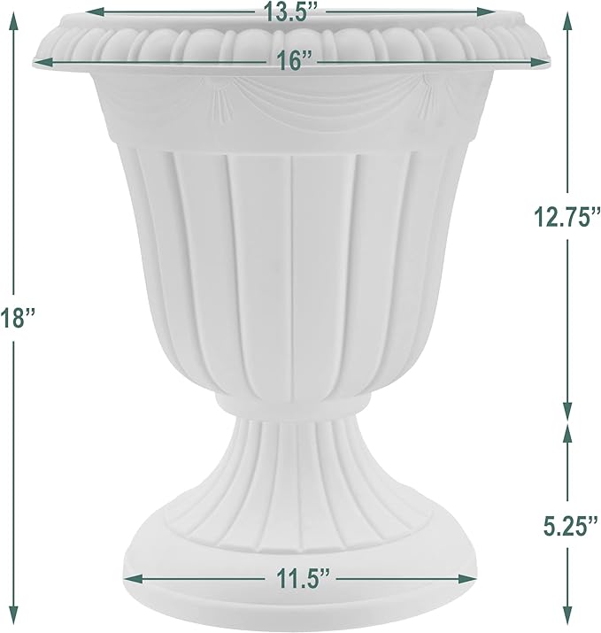 Arcadia Garden Products PL00SL Classic Traditional Plastic Urn Planter, Indoor/Outdoor Garden Plant Pot Garden Décor, 16” x 18”, Brushed Silver