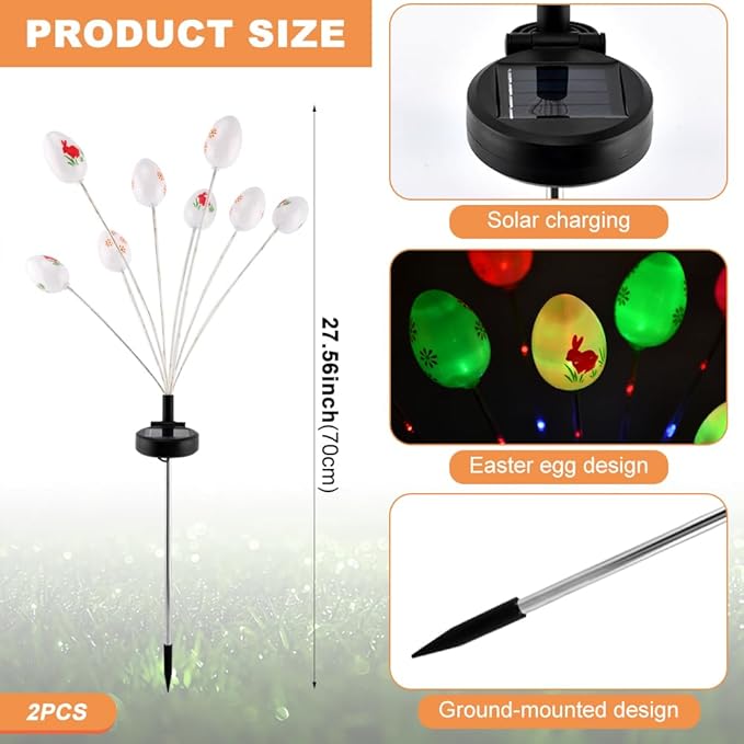 2 Packs Solar Easter Decorations Outdoor Stake Lights, 16 LEDs Colorful Swaying Egg Lights for Easter Decor, Waterproof Easter Solar Lights Decor for Garden, Lawn, Pathway, Yard, Porch & Patio