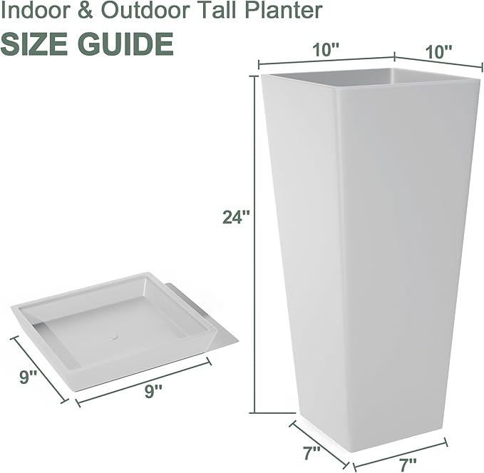 24" Tall White Planters for Outdoor Plants Set of 2, Large Flower Pots Planters with Drainage Holes & Tray, Modern Indoor Tapered Tall Planter for Front Porch