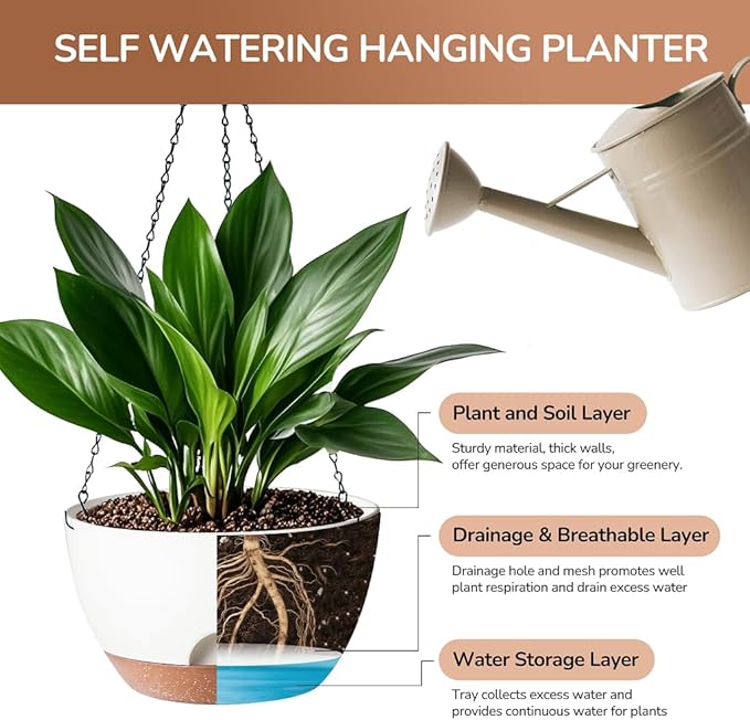 Hanging Planter, 12 Inch Self-Watering Hanging Planters for Indoor Outdoor Plants, Hanging Basket for Plants Flowers Outdoor (White)