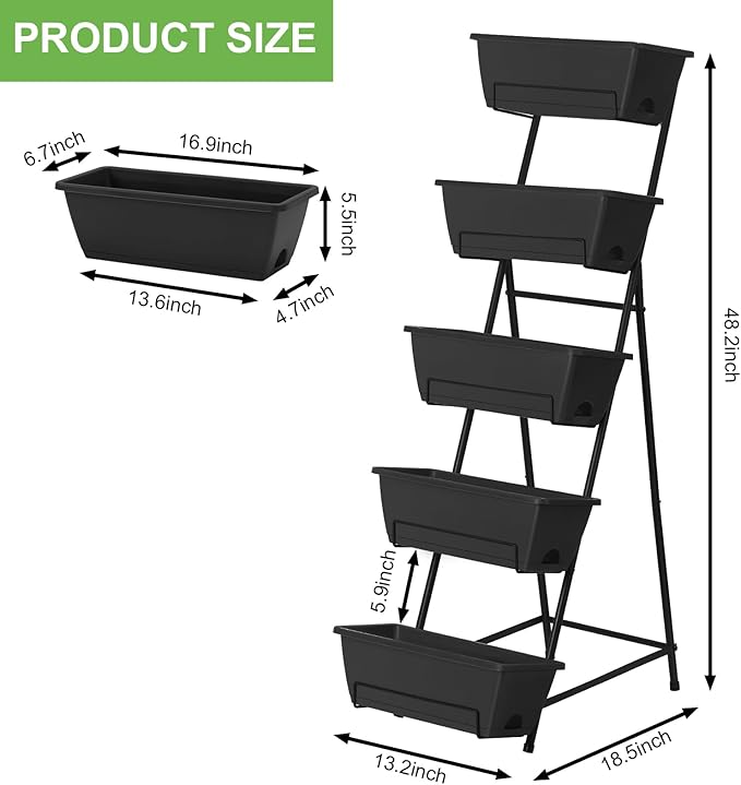 5 Tier Vertical Raised Garden Bed Planter Box, Vertical Raised Bed with Drainage Holes for Indoor Outdoor Herbs Flowers Vegetables Plants, Black