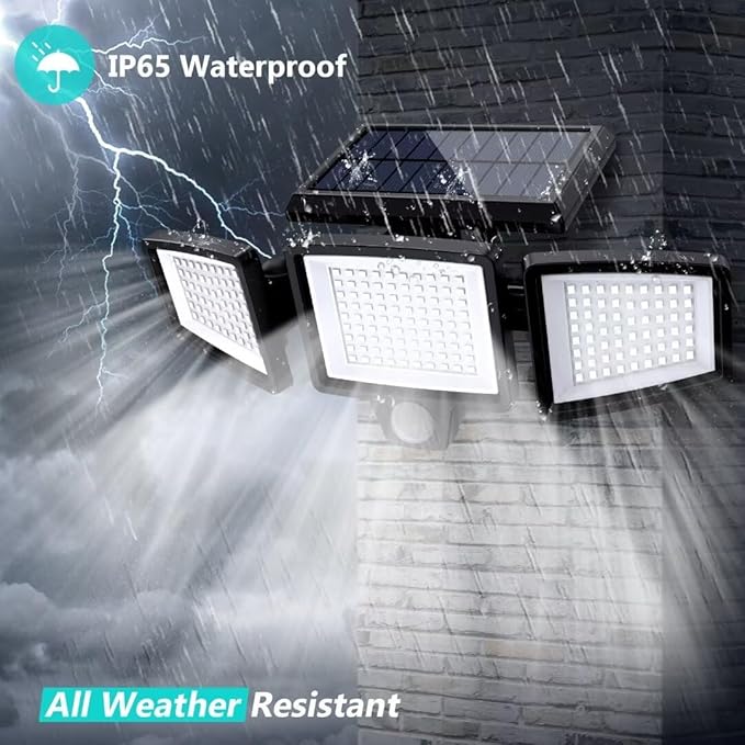 Tuffenough Solar Outdoor Lights 2500LM 210 LED Security Lights with Remote Control,3 Heads Motion Sensor Lights, IP65 Waterproof,270° Wide Angle Flood Wall Lights with 3 Modes(4 Pack)
