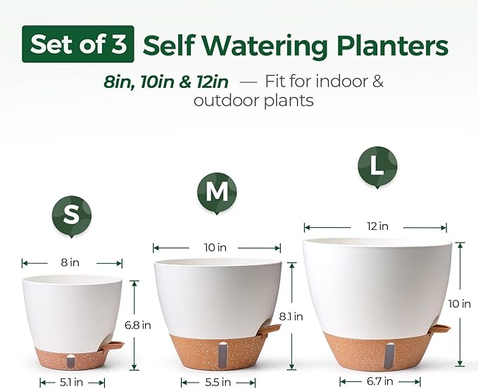 T4U 3 Pack Self Watering Pots (8"+10"+12") - Water Level Indicator & Deep Reservoir, Mess-Free Planters for Busy People, Beginners & Gardeners, Fits Pothos to Monstera, Indoor Outdoor Use (White)
