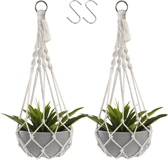 Artilady Macrame Plant Hanger Large Hanging Planter for Indoor Plants Holder White Cotton Rope Hanging Plant Basket Handmade Outdoor Window Boho Plant Wall Decor (White Macrame-2pcs)