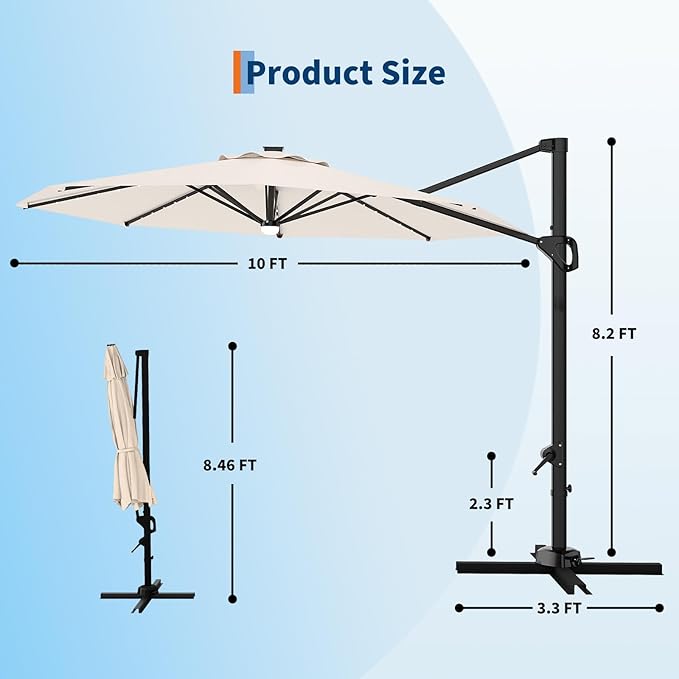 Garvee 10 ft Cantilever Patio Umbrella with Solar Lights, 360° Rotation Offset Umbrella, Easy Crank & Tilt Adjustment, UV Protection for Backyard, Poolside, Deck -Beige