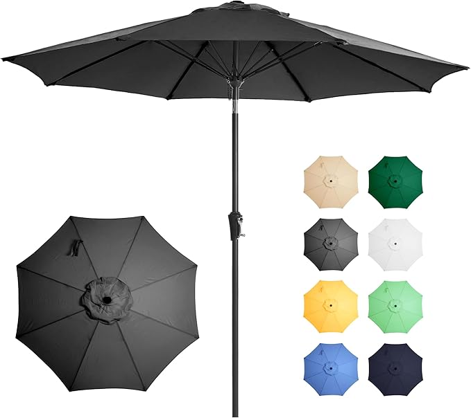 Ayge 9FT Large Outdoor Patio Umbrella Market Table Umbrella-UV Resistant, Easy Push Button Tilt and Crank, 8 Sturdy Fiberglass Ribs Heavy-Duty Pool Umbrella for Deck, Backyard,Garden,Black