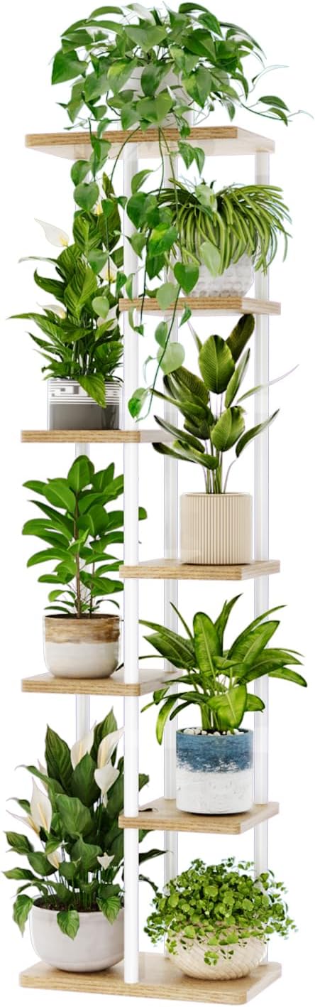 Bamworld Tall Plant Stand Indoor, 7 Tier Plant Shelf for Multiple Plants, Tiered Flower Pot Stands for Patio Garden Balcony Living Room Bedroom, White