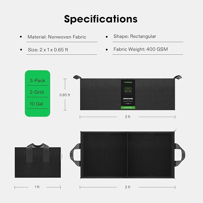 VIVOSUN 3-Pack 2-Grid 10 Gallon Grow Bags, Heavy Duty Square Plant Grow Pots, 400G Thickened Breathable Fabric Plant Container with Reinforced Handles & 10 Pcs Plant Labels for Flowers, Vegetables