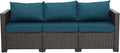 WAROOM Patio Couch PE Rattan 3-Seat Outdoor Sofa Brown Wicker Furniture Set Deep Seating with Anti-Slip Peacock Blue Cushion