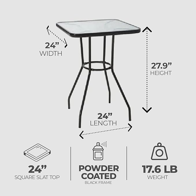 Four Seasons Courtyard Sunny Isles 24 Inch Outdoor Patio Bistro Dining Table Backyard Squared Furniture with Tempered Glass Tabletop, Black