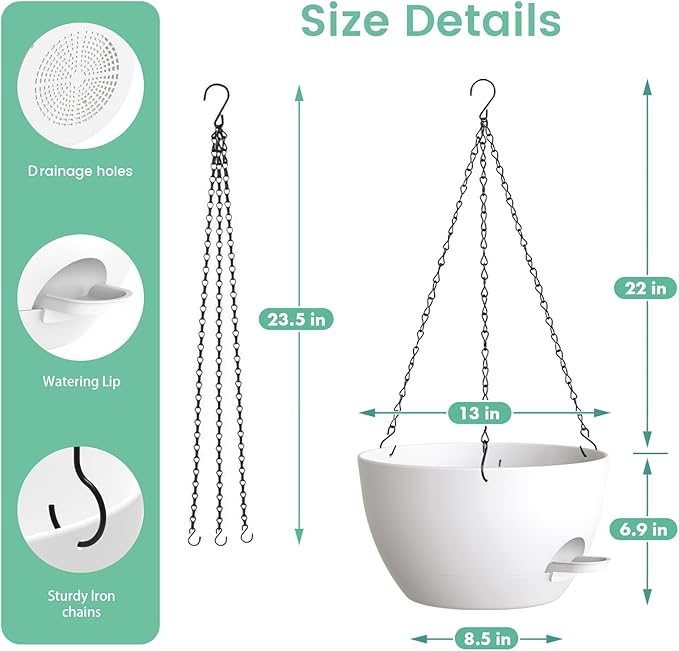 13 Inch 2 Pack Large Self Watering Hanging Planters for Indoor Outdoor Plants, Hanging Plant Pots with Removable 50 Oz Reservoir, Plastic Hanging Basket for Window Porch Garden, White