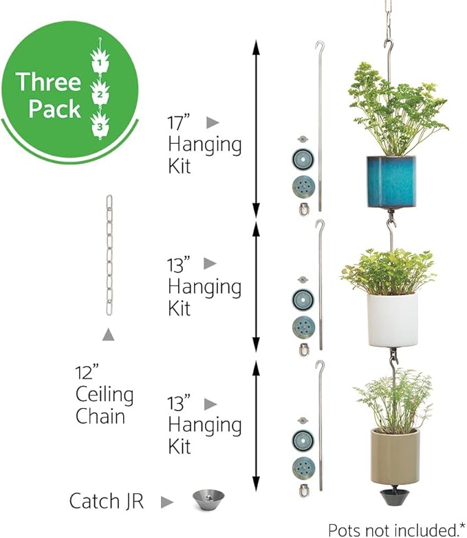 — Three Pack, Pot Hanger Kits + Accessories - Hang and Connect Your Clay Pots, Stainless Steel - Indoor Outdoor - Connectable Hanging Planter Vertical Garden w/Drainage for Healthy Plants