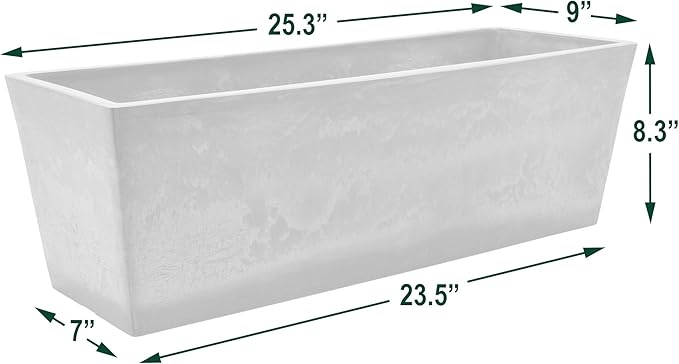 Arcadia Garden Products U65CT Plastic/Stone/Wood Composite Simplicity Window Box, No Drainage Hole (Drillable), Patio Plant Container, Indoor Outdoor Planter, 25.5" x 9, Cement Color