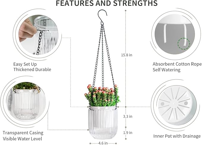 Josteve 4.5 Inch 2 Pcs Self Watering Hanging Planter Indoor Plant Pots Drainage Holes, Outdoor Small Hanging Planters Flower Pot Basket, Visible Water Level, Plant Hanger Home Decor, Gardening