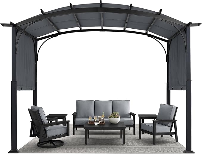 MASTERCANOPY 10x10ft Outdoor Retractable Pergola with Sun Shade Canopy Patio Metal Garden Pergola,Dark Grey