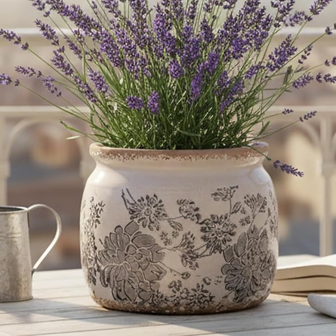 Modern Farmhouse Ceramic Planter for Home Decor, 6.29 Inch Vintage Plant Pot Indoor with Drainage Hole for Succulent Rosemary Plant, Distressed Pottery Vase for Office Balcony Decoration & Gift (Gray)