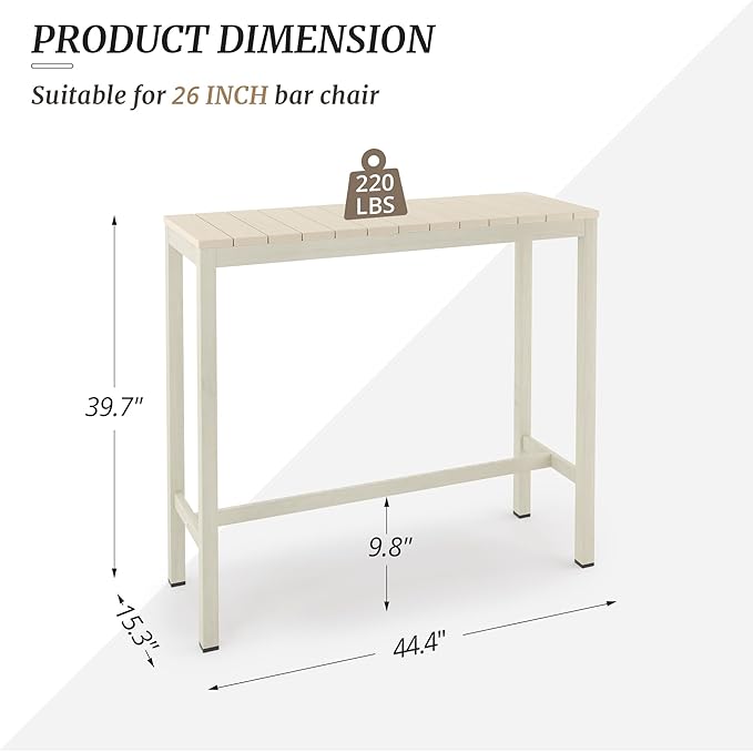 Outdoor Bar Table, 45" Patio Bar Height Counter Console Table, Waterproof HDPS Slatted Top, Weather Resistant, Hot Tub, Balcony, Yard, Indoor or Outdoor Use, Sand