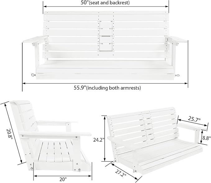 Poly Lumber 2-Seat Porch Swing, HIPS 4.5-Feet Bench Swing with Foldable Cup Holders,18/8 Stainless Steel Hardware, High Backrest and Deep Contoured Seat (Snow White, 4.5-feet)