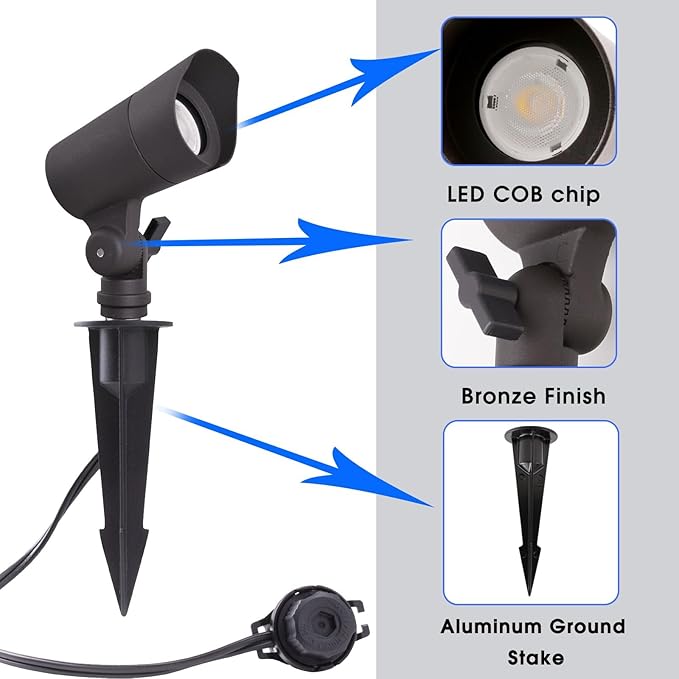 E ENERGETIC LIGHTING LED Landscape Lights with Connectors, 12V Low Voltage, Warm White 3000k, 4W, 175LM, Outdoor Waterproof Garden Pathway Lights Wall Tree Flag Spotlights with Spike Stand, 10 Pack