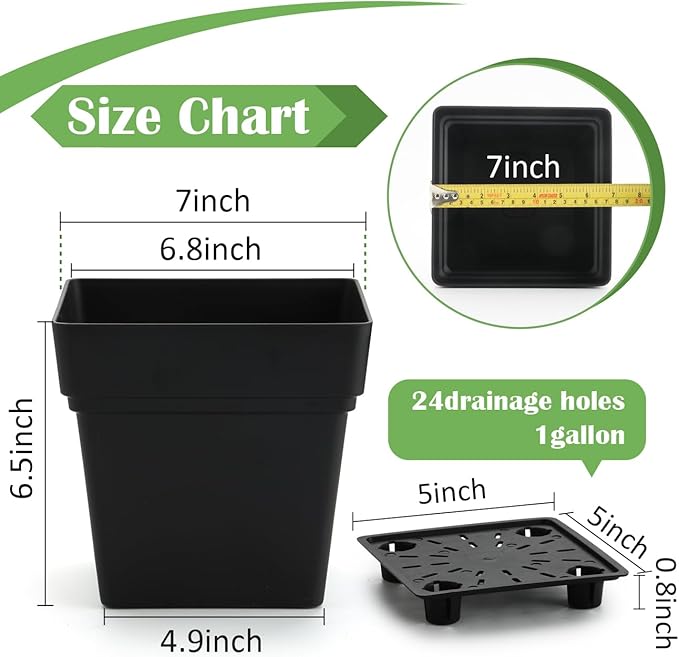 6-Pack 7'' Square Planters with Built-in Drainage Tray – Heavy-Duty Black Plastic Planter with Drainage Hole and Bottom Stopper, BPA-Free Plant Pots Matte Finish for Indoor Outdoor