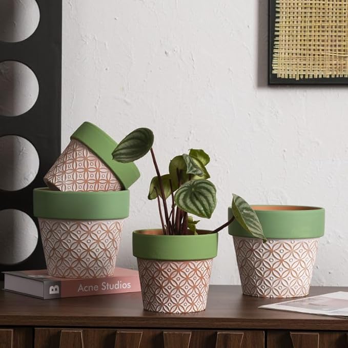 Terracotta Plant Pots Set of 2-4.7 Inch Vintage Pattern Clay Flowerpots with Green Rim & Drainage Holes, Decorative Terra Cotta Pots for Indoor Outdoor Garden Home Decor