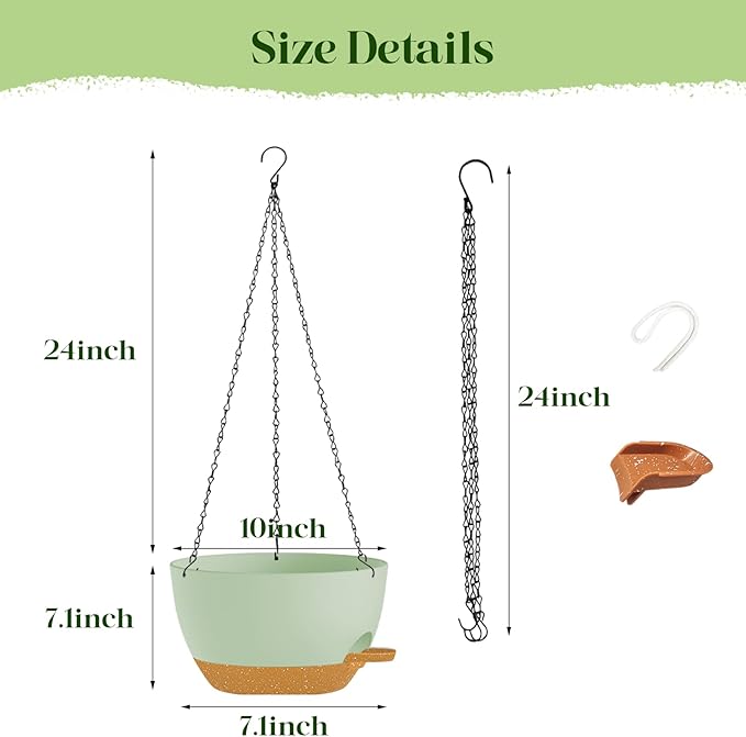 2 Pack 10 Inch Self Watering Hanging Planters for Indoor Plants, Large Green Brown Plastic Hanging Pots with Chains for Outdoor Patio Garden Home Decor (Green Brown)