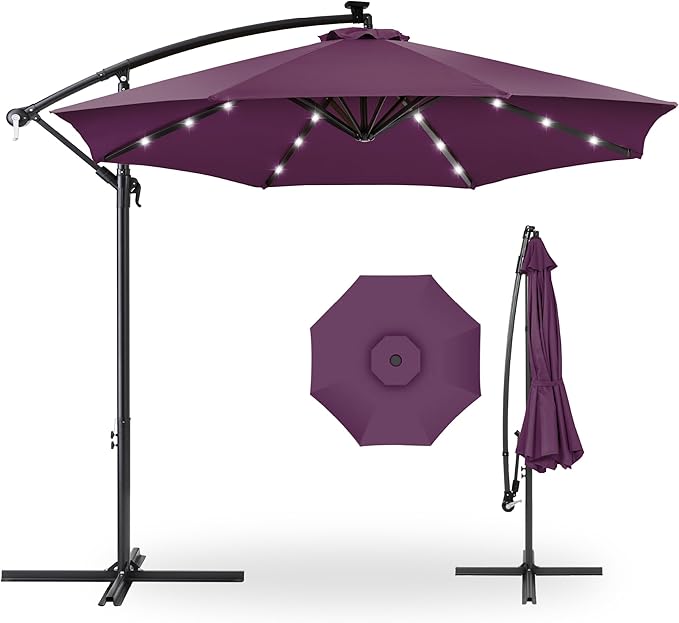 Best Choice Products 10ft Solar LED Offset Cantilever Hanging Market Patio Umbrella, 8 Sturdy Ribs, Easy Adjustment - Amethyst Purple