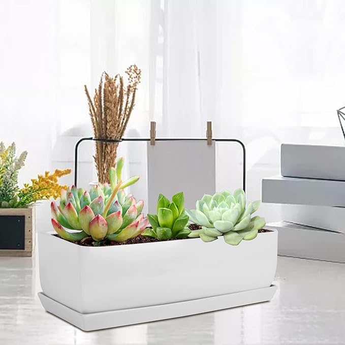 Vencer 14 Inch Rectangular Modern Minimalist Ceramic Succulent Planter Pot - Window Box with Saucer,Office Desktop Potted Stand,White,VF-0173W