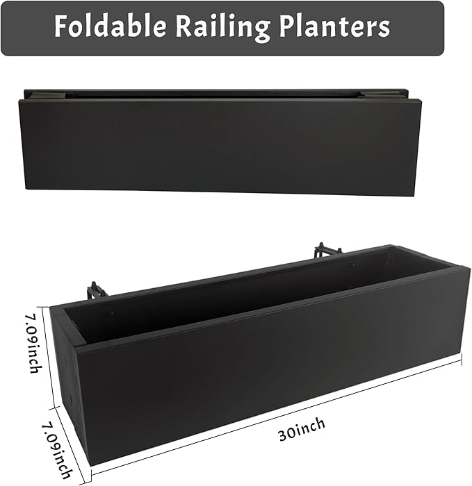 2 Pack Metal Railing Planter Box, 30 Inch Balcony Planters with Adjustable Brackets, Large Hanging Planters for Outdoor Fence Deck