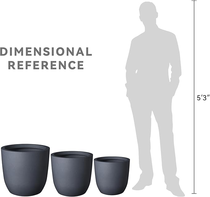 Kante 20",16.5",13.4" Dia Round Concrete Planters (Set of 3), Outdoor Indoor Modern Decorative Plant Pots with Drainage Hole & Rubber Plug for Home & Garden, Charcoal
