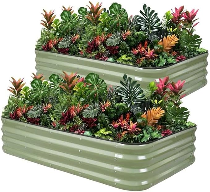 1MORE Raised Garden Bed -5X3X1 Galvanized Planter Box for Outdoor Gardening,4 in 1 Modular Raised Bed Kit with Protective Tape, Gloves for Herb，Ideal for Vegetables and Plants.Green-2Pcak