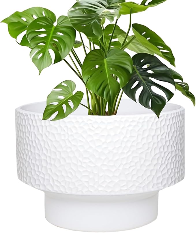 11 Inch Ceramic Plant Pots, Planter Pot with Drainage Hole, Honeycomb Ceramic Flower Pot Outdoor Indoor, Large Modern Decorative Planters for Home/Office Plants, White
