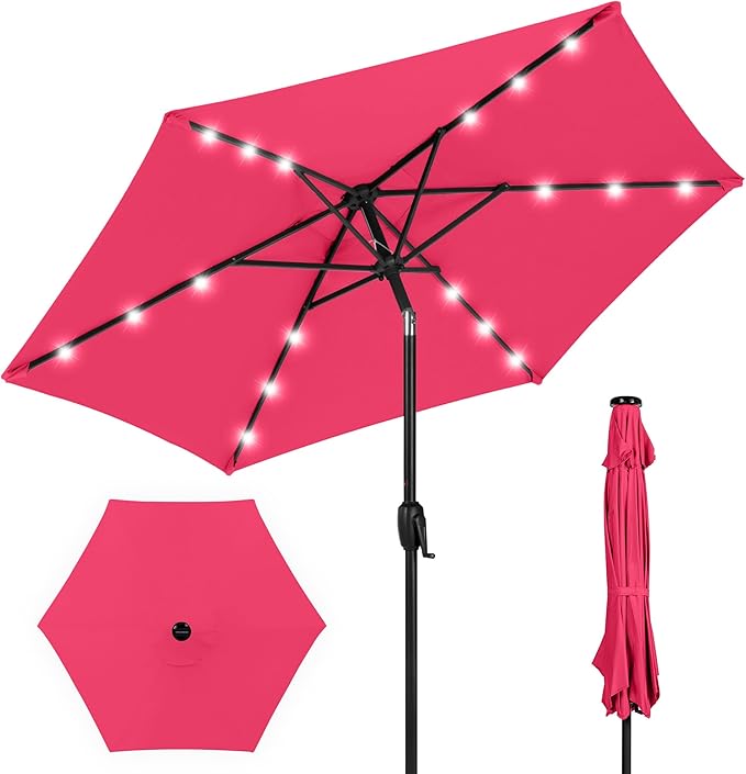 Best Choice Products 7.5ft Outdoor Solar Market Table Patio Umbrella for Deck, Pool w/Tilt, Crank, LED Lights - Hot Pink