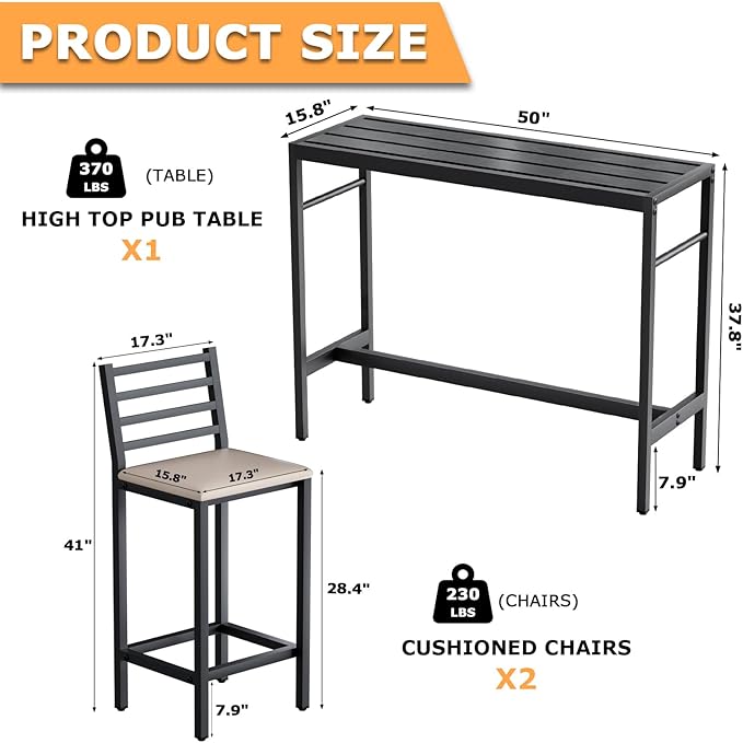 Outdoor Patio Bar Set 3 Piece,50" Rectangular Counter Height High Top Bar Tables, 2 Cushioned 41" Bar Stools, Metal Bar Table and Chairs Set for Poolside, Balcony, Backyard, Porch
