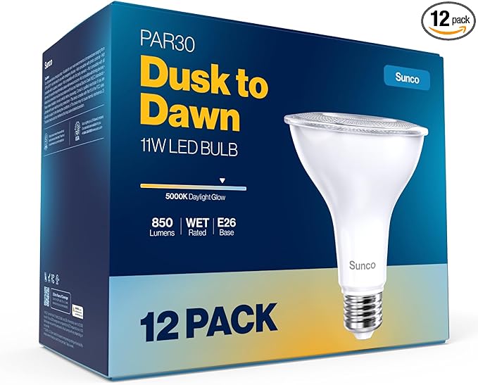 Sunco 12 Pack LED PAR30 Dusk to Dawn Light Bulb for Outside Porch, Patio, Backyard, 11W=75W, 850 LM, 5000K Daylight , Non-Dimmable, Photocell Sensor, UL