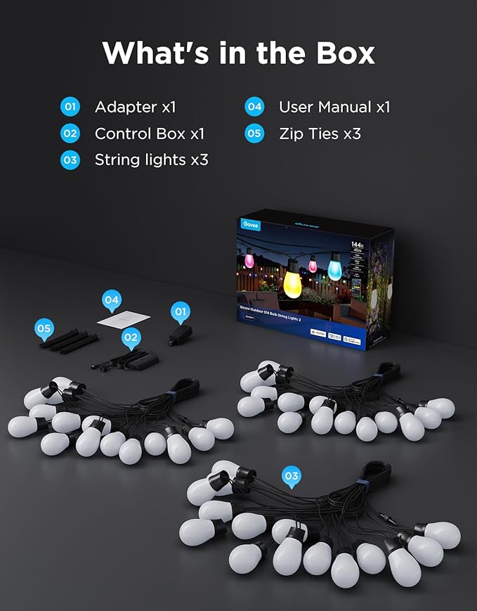 Govee S14 Bulb Outdoor String Lights 2, 144ft RGBIC Smart Warm White Outdoor Lights with 15 LED Bulbs, 111 Scene Modes for Outdoor Decor, IP66 Compatible with Alexa, Google, Matter, APP Control
