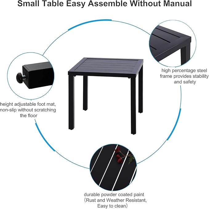 PHI VILLA Outdoor Patio Side Table Set of 2, 19" Small Black Metal Square End Table, Outside Coffee Bistro Table for Porch, Deck, Balcony, Indoor